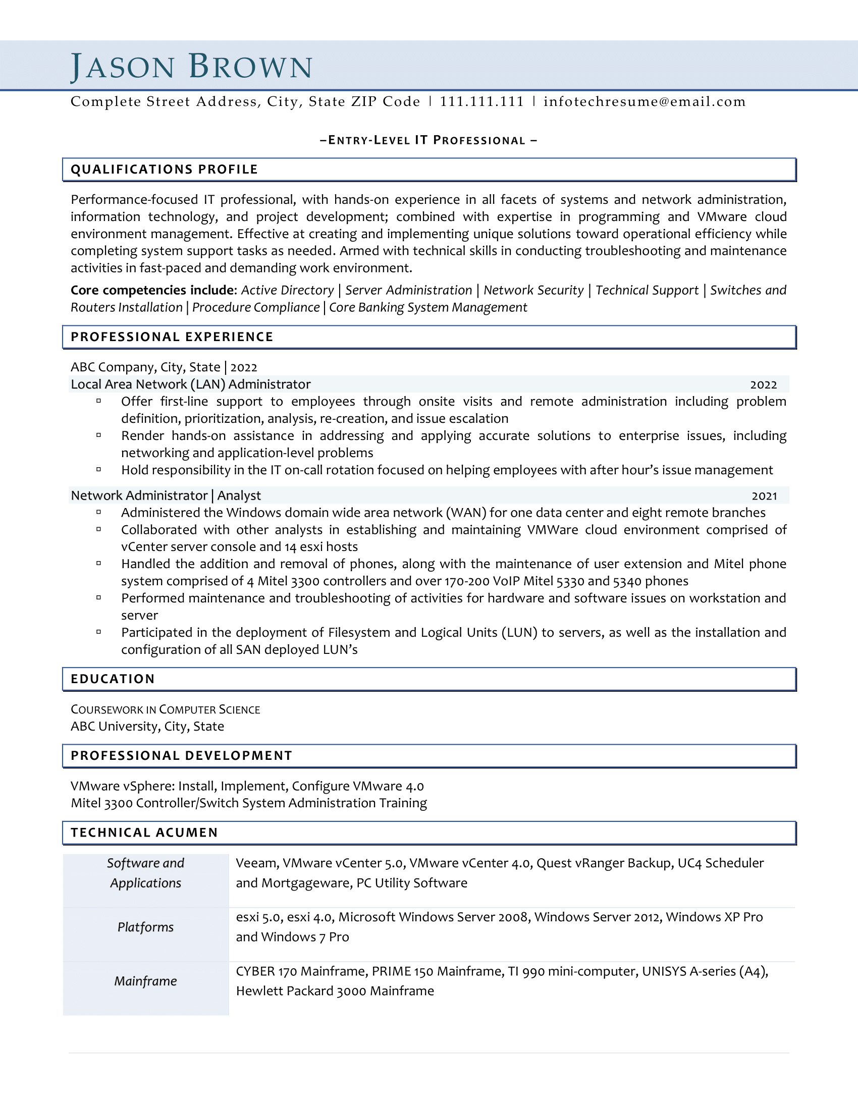 Infotech entry level IT resume example