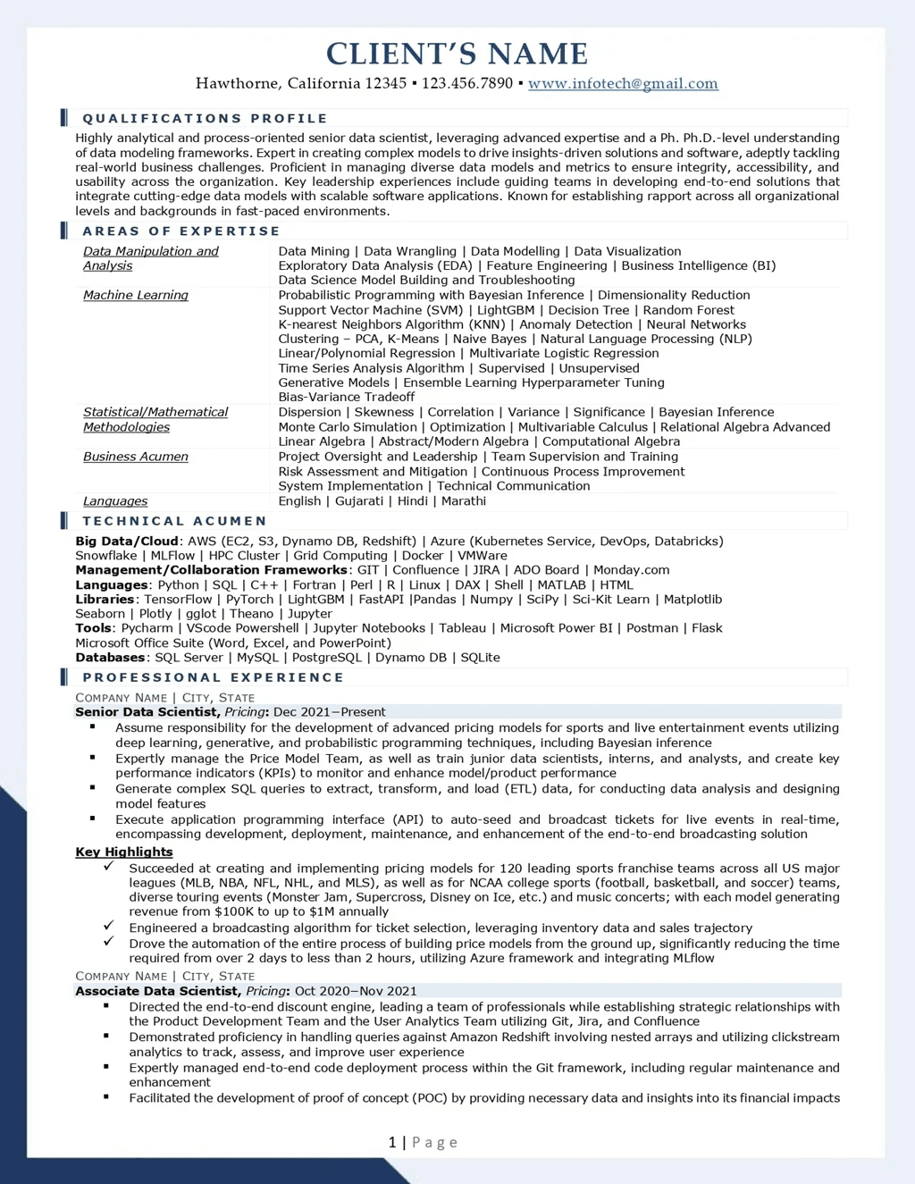 data scientist resume example page one