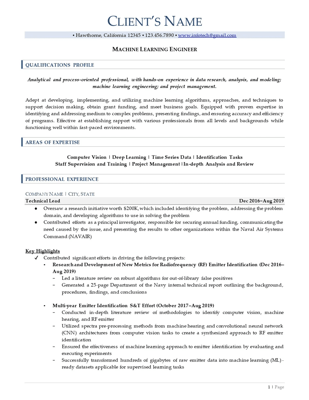 machine learning engineer resume example page one