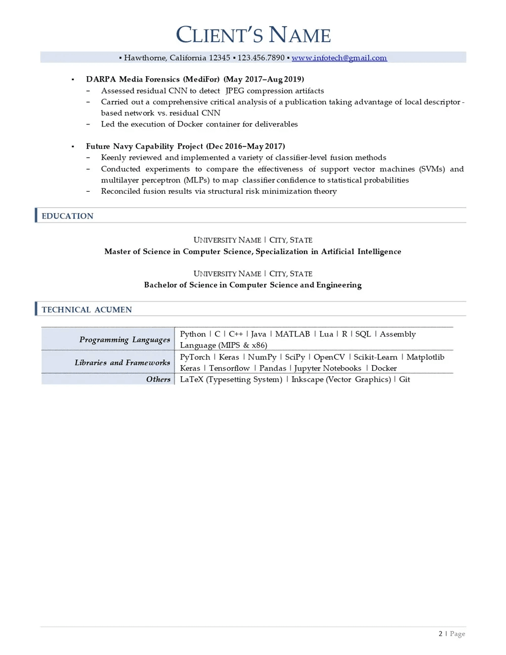 machine learning engineer resume example page two