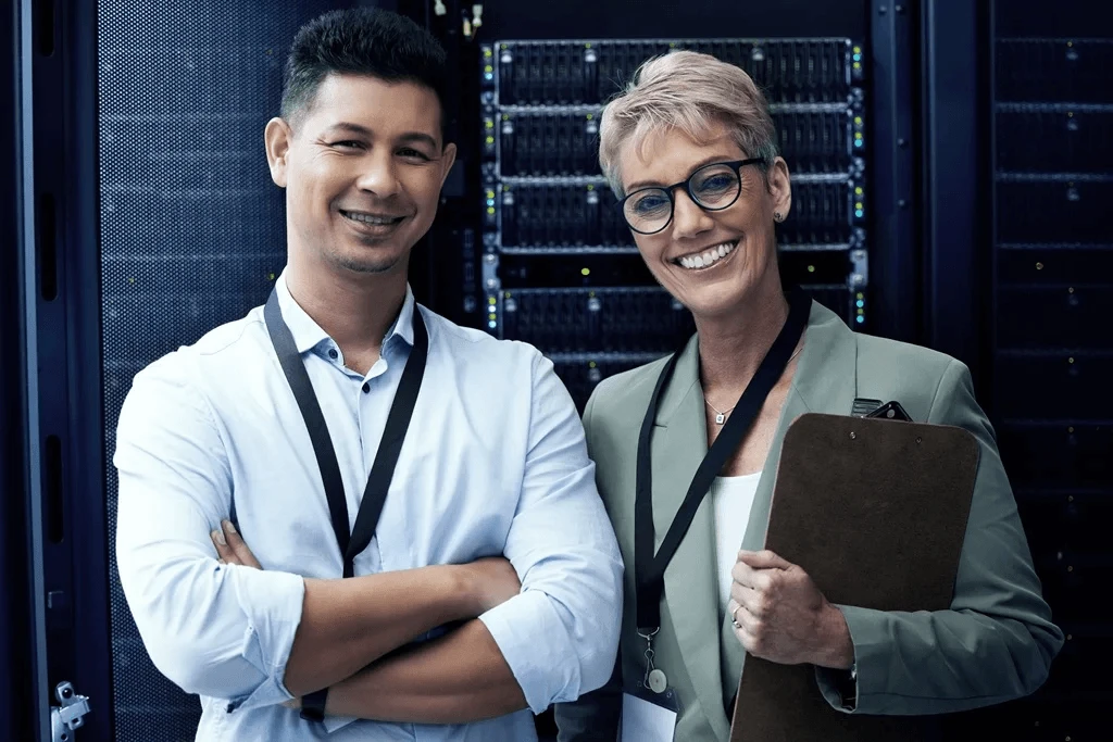 engineers working in a server room