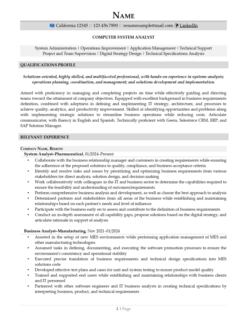 computer system analyst resume example page 1